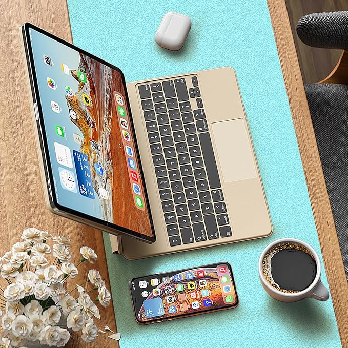 Leather Desk pad Protector, Office Mat, Large Mouse Mat, Non-Slip PU Leather Blotter, Laptop Desk Pad,Waterproof Laptop Computer Desk Keyboard Mat for Office/Work/Home/Decor (Light Blue, 55in*18in)