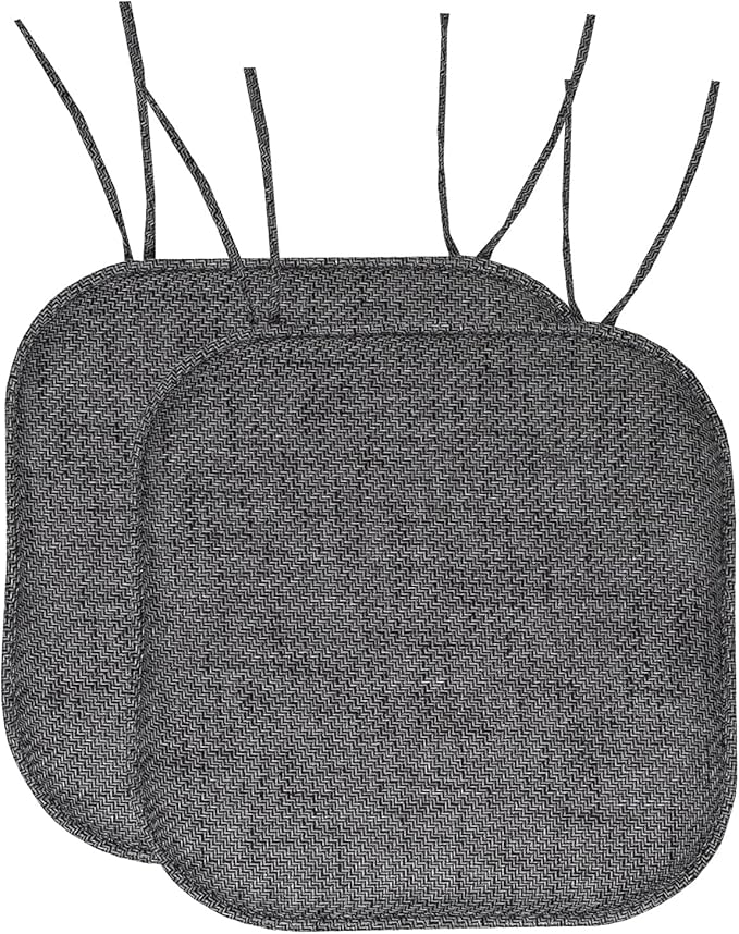 Sweet Home Collection Chair Cushion Memory Foam Pads with Ties Honeycomb Pattern Slip Non Skid Rubber Back Rounded Square 16" x 16" Seat Cover, Herringbone Black