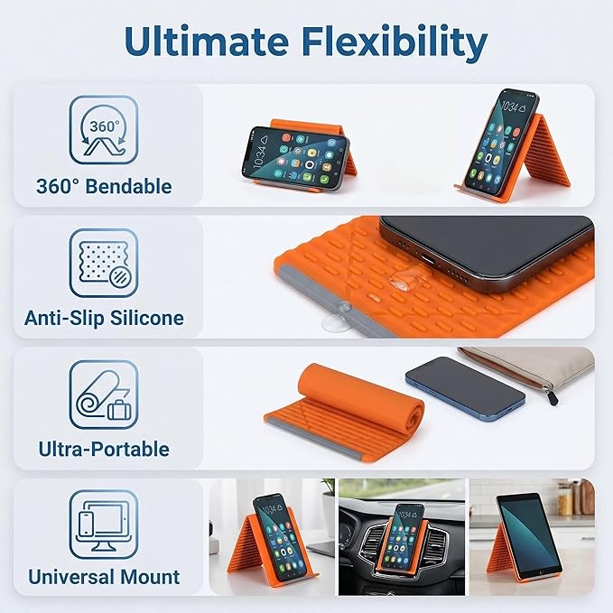 2026 New Flexible Silicone Phone Holder, 360° Bendable Aluminum Core Stand, Portable Foldable Anti-Slip Universal Mount for Phone Tablet Laptop, Ideal for Travel Office Desktop Home (Orange)