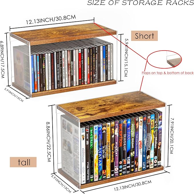 2Pack Stackable Wood Acrylic CD Holder Desk Rack Organizer Holds up to 60 CD Jewel Cases Media Storage Rack for Movie & Video Games Collections (Burning Wood, 2P For CD)