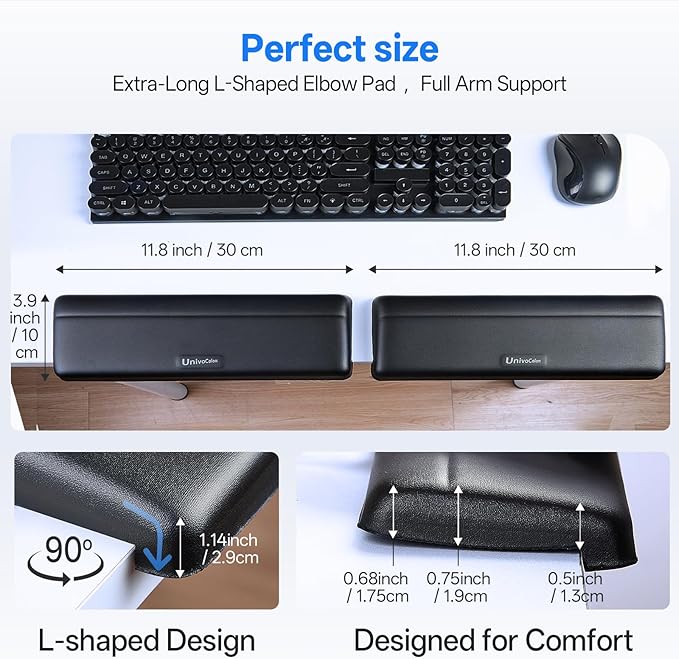 UnivoColors L-Shaped Desk Edge Cushion,PU Leather,Non-Slip,Separate Design,Memory Foam Desk Edge Support,Ergonomic Design for Long-Hour Work(11.8 * 3.9 inch 2-Piece Set of White)