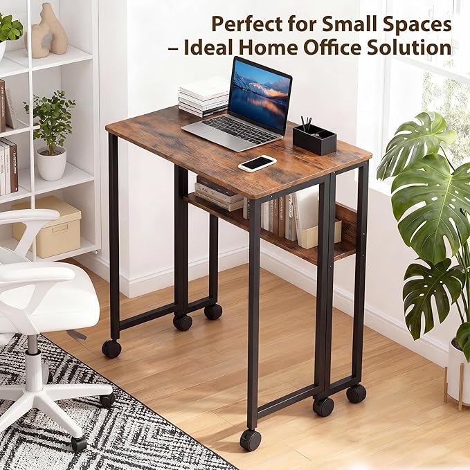 Folding Desk Small Rolling Desk with Storage Shelf,24.8 Inch Foldable Computer Table with Wheels,Portable Office Desk for Small Space Sofa Table,Easy to Fold,Writing Work Office Computer Desk,Walnut