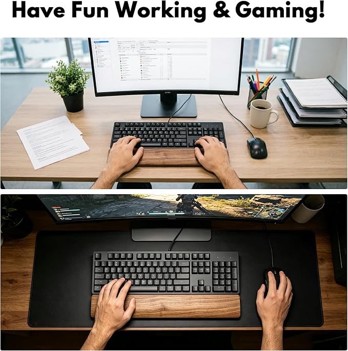 Walnut Wooden Wrist Rest Pad for 75% 80% TKL Keyboard, Ergonomic Solid Wood Hand Rest with Non-Slip Base, Stain Resistant Palm Support for Typing & Gaming (14.2“ L)