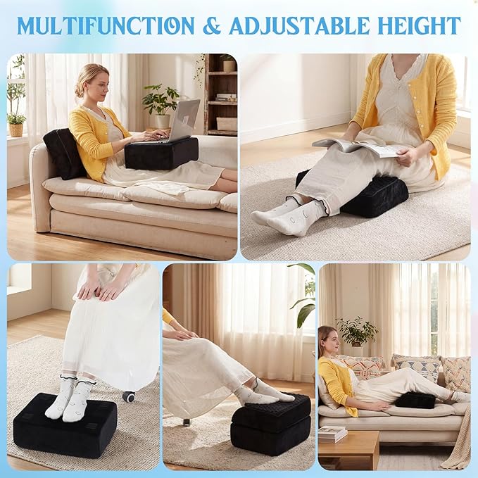 Novabright Foot Rest Under Desk, 3 Height Adjustable Ergonomic Foot Stool with Gel Textured Top and Cozy Pocket, Non-Slip Foam Footrest for Office Home Car(15" X 11" X 14.4",Cambered,Black)