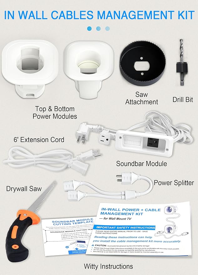 in-Wall Cable Management Kit for TV & Soundbar - Conceal Power & AV Cables, Includes Hole Saw Drill Attachment & Drywall Hand Saw for Easy Installation
