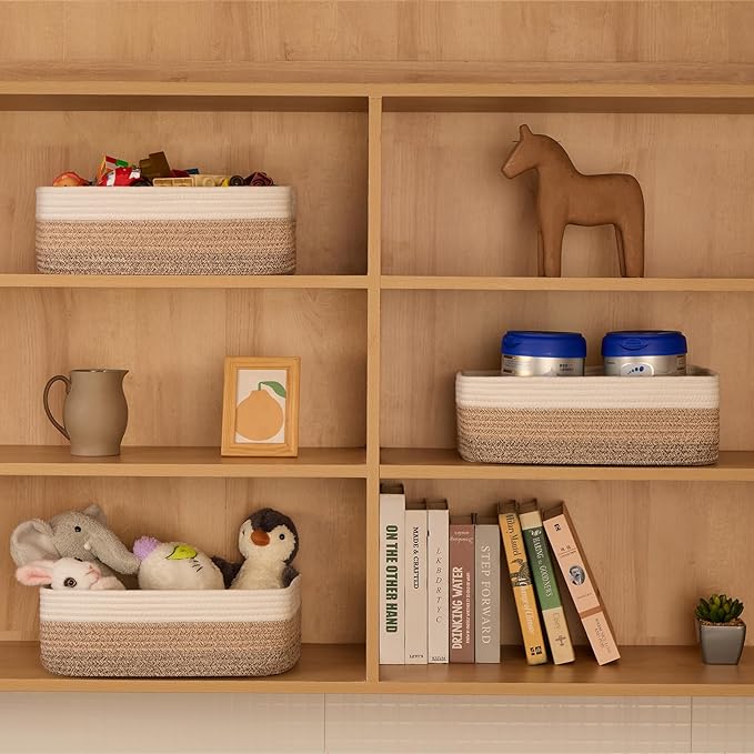 MiniArk Large Shallow Organizing Baskets 15x11x5.1 Inches - Rope Woven Storage Bins for Bathroom, Shelves, Cube Closet, Gradient Brown 4 Packs