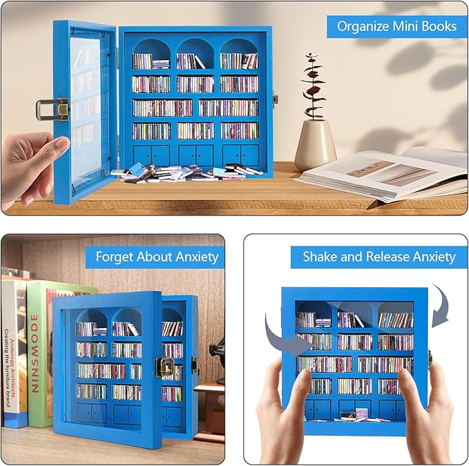 Anxiety Bookshelf – Mini Books Display for Stress Relief and Fun Decor, Perfect Decorative Miniature Library for Book Lovers, Ideal for Home Decor, Office Décor, Thoughtful Gift - Light Blue