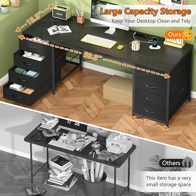 YOMILUVE 60 Inch Computer Desk with 8 Drawers, Home Office Desk with Power Outlets, Work Study Gaming Desk with 8 Fabric Drawers, Black
