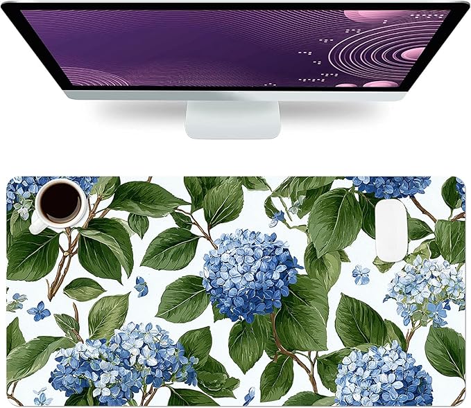 Blue Flower Mouse Pad PU Leather Green Leaves Desk Mat Large Waterproof Gaming Pad Non-Slip Keyboard Mouse Pad Writing Pad for Gamer Office&Home