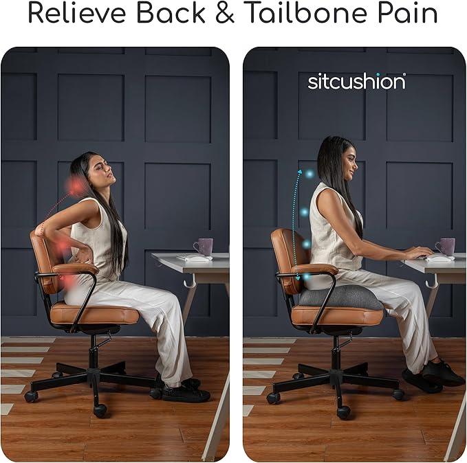 SitCushion X Large Office Chair Cushion for Sciatica Pain Relief, Memory Foam Seat Cushion for Car Seat Pad, Orthopedic Pillow. Computer Chair Cushion for Tailbone Pain Relief All Day Comfort (Gray)
