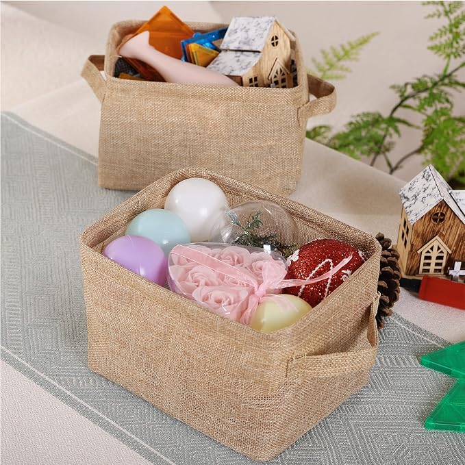 AARAINBOW Storage Basket Bins Canvas Mini Storage Cubes Storage Basket for Makeup, Baby Toys Liners, Books Nursery Storage Baskets with Handles for Shelves & Desks(3 Jute)