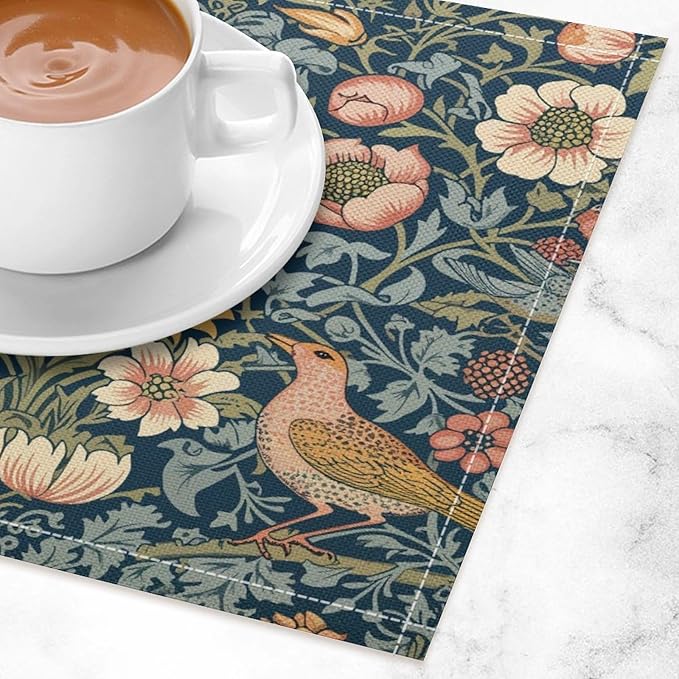 William Morris Bird Placemats Retro Bird Elegant Animal Pattern Linen Washable Table Mats Stain Heat-Resistant Desktop Decor Place Mats for Home Kitchen Dining Party 12x18 in 6 PCS