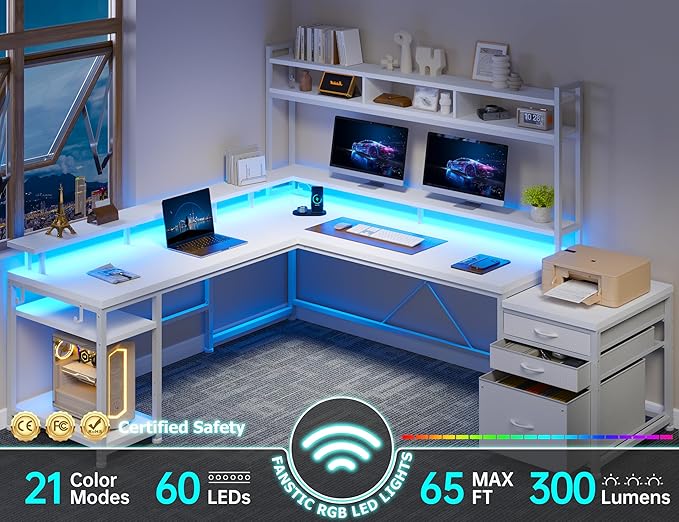 EnHomee 64 x 60 Inch L Shaped Desk with Shelf and Drawers, Gaming Desk with Power Outlet & Monitor Stand & LED Lights, Reversible White Vanity Desk, Two Person Desk for Living, Gaming Room, White