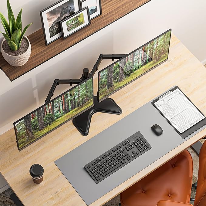 WALI Dual Monitor Stand for Desk, Monitor Stands for 2 Monitors up to 27 inch, Dual Monitors Mount Fits up to 22lbs, Free Standing Full Motion Dual Monitors Arm for Desk (MF002), Black