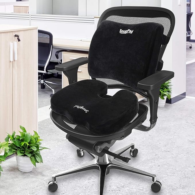 Memory Foam Lumbar Pillow and Seat Cushion Combo, Ergonomic, Lower Back and Coccyx Support, Premium Washable Velvet Covers with Non-Slip Bottom, Ideal for Office Chairs and Car Seats (Black)