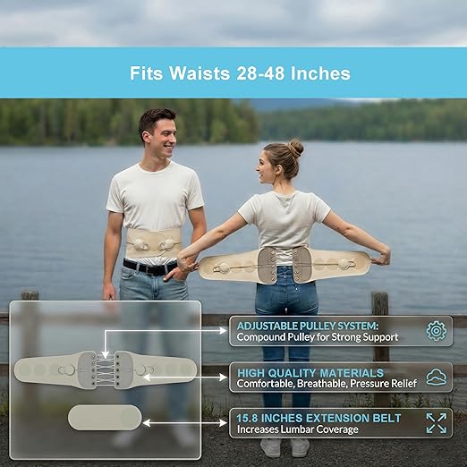 Adjustable Lumbar Support Back Brace with Dual Pulley System – Posture and Spine Support,Pelvic & Hip Support,Lower Back Belt for Daily Support, Sitting, Standing, Work & Light Lifting – Unisex，28"-48"