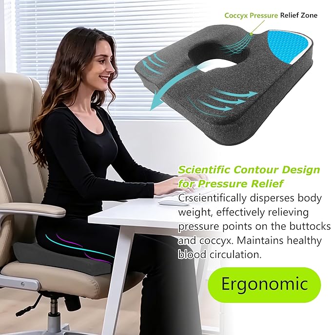 Gel & Memory Foam Wheelchair Seat Cushion,Donut Pillow for tailbone pain relief,Bed Sore Cushions for Butt,Pressure Relief,Sciatica,Coccyx,hemorrhoid Pillow,Cushion for Office Chair & Desk（GRAY）