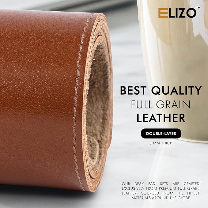 ELIZO Leather Desk Pad Real Leather Desk Mat Thick (3mm) Double Layer (31x15.6) Cover Blotter Desk Protector Large Computer Mat for Keyboard Mouse Pad Table Laptop Mat Office Accessories - Camel