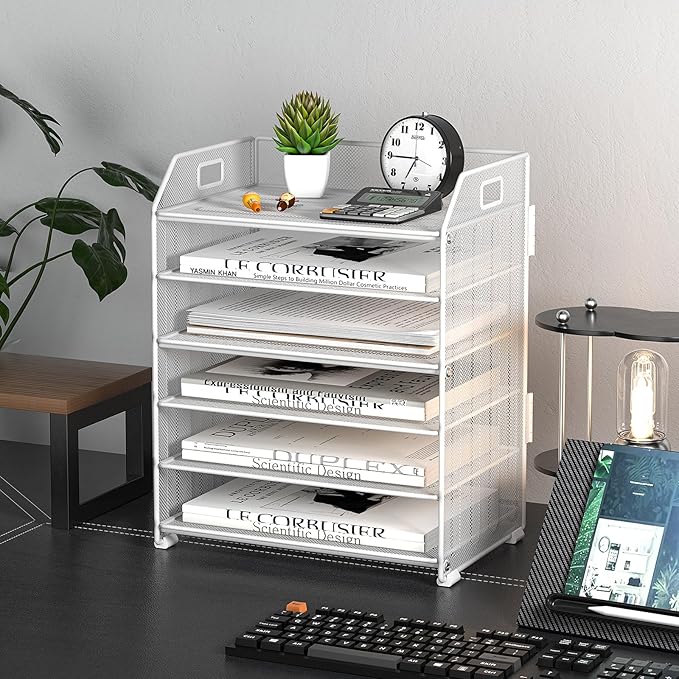 6 Trays Paper Organizer Letter Tray with Pull-Out Drawer, Assembled Mesh Desk File Holder, Metal Paper Sorter for Office Documents, White