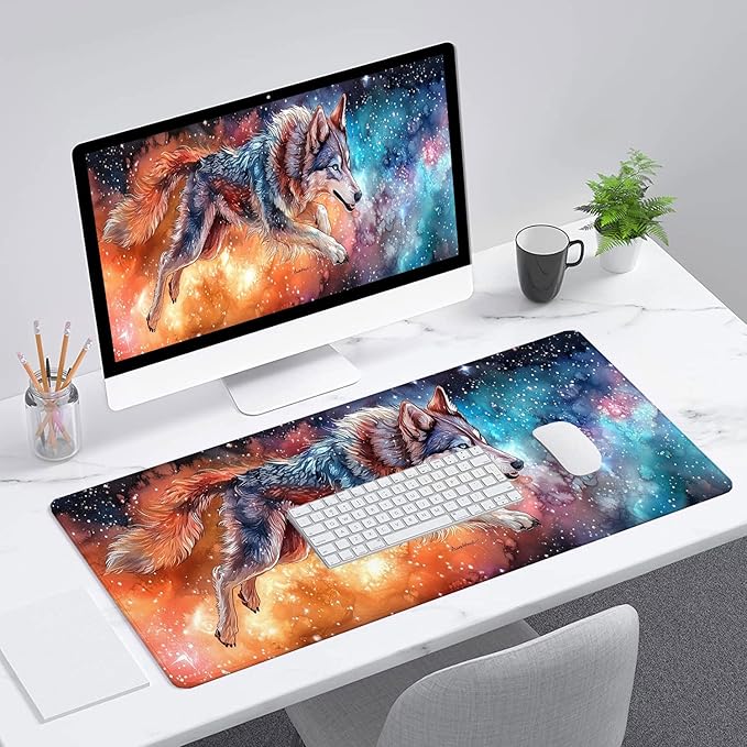 Wolf Mouse Pad Dream Colorful Galaxy Husky Starry Sky Large Gaming Mouse Mat with Stitched Edges,Non-Slip Waterproof Rubber Base Mous Mat Office Computer Keyboard Laptop Home 31.5x11.8 Inch