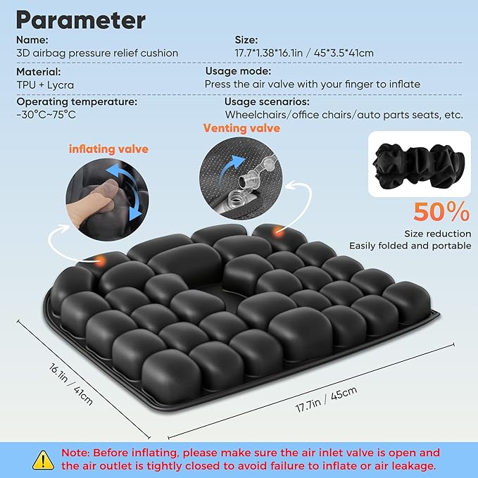 Upgrade Travel Cushion with No External Air Pump, Airplane Seat Cushion for Long Flights, Portable Wheelchair Cushions, Adjustable Air Cushion with Non-Skid Bottom Relief Discomfort in Coccyx