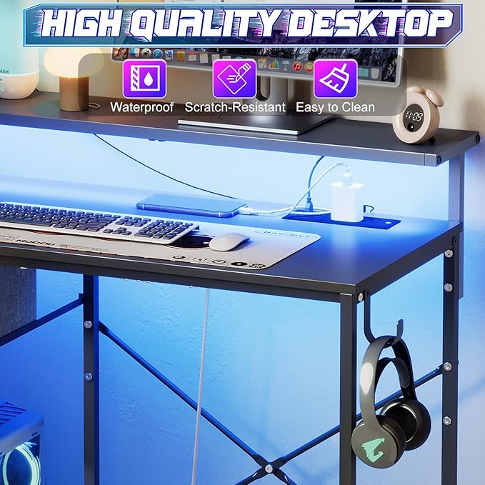 X-cosrack 33.5" Small Gaming Desk with LED Lights & Long Monitor Stand, Compact Computer Desk with Power Outlets & CPU Stand, Gamer Table with Storage Drawer for Home Office, Bedroom Corner, Black