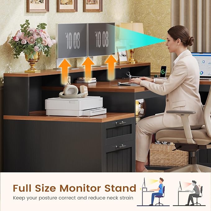 SEDETA 59" L Shaped Desk with Drawers, Farmhouse Corner Computer Desk, Wood Office Desk with File Drawers with Storage, Home Office Desks with Monitor Stand and Storage Cabinet, Brown and Black