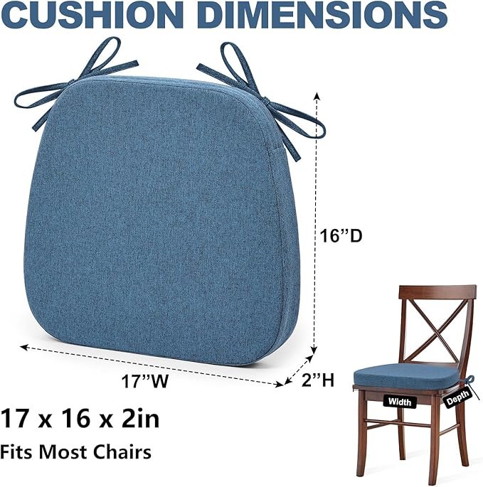 Shinnwa Chair Pads for Dining Chairs Set of 6, Non-Slip Kitchen Chair Cushions with Detachable Straps and Machine Washable Cover, 6 Pack, 17x16x2in, Blue