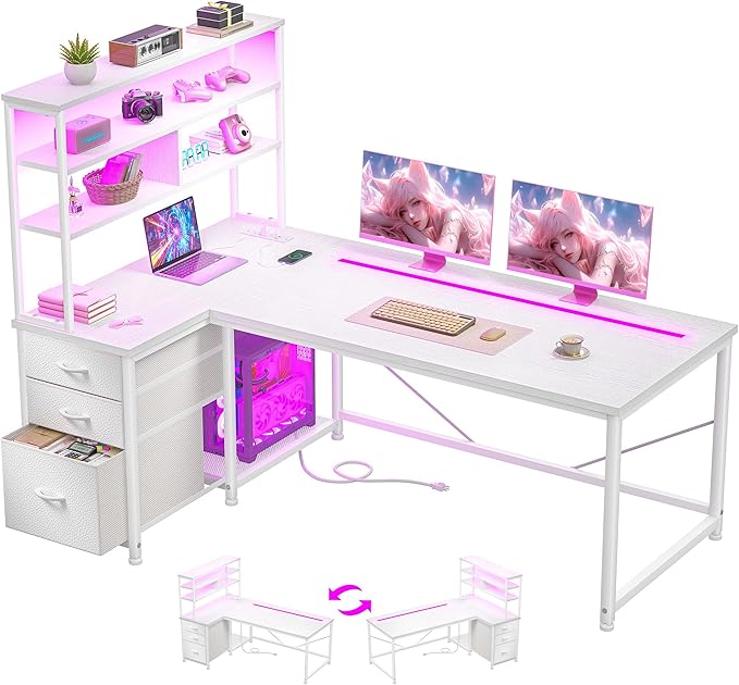 DurayLoly L Shaped Desk Gaming Desk with 3 Silent Fabric Drawers & Shelf, Reversible Corner Desk with Remote LED Lights, Power Charging Station of Home Office Desk,Vanity Desk for Bedroom,White