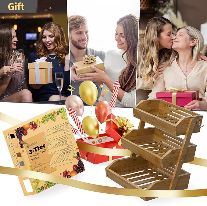 Hellojin 3 Tier Fruit Basket For Counter, Large Capacity Fruit Storage Countertop, Fruit Holder, Wooden Pantry Organizers and Storage, Kitchen Countertop Organizer With 2 Banana Hangers (Walnut)