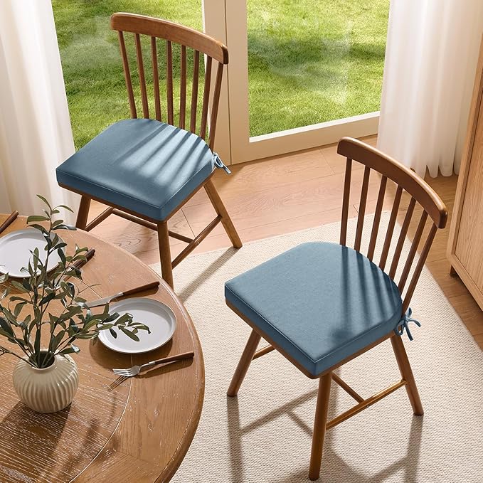 downluxe Chair Cushions for Dining Chairs, Memory Foam Linen Kitchen Chair Pads with Ties, Waterproof, Stain-Resistant and Washable Cover, 17" x 16" x 2.5", Light Blue, 6 Pack