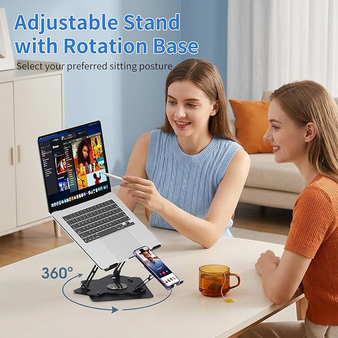Laptop Cooling Pad with Detachable Fan & Cooler, 2-in-1 Laptop & Phone Stand, Adjustable Angle, 360° Rotatable Base, Carbon Steel, Ultra-Quiet & Super Sturdy for Laptop (Black)