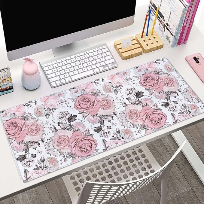 Cute Pink Flowers Desk Pad XL Gaming Mousepad & Laptop Computer Keyboard Mat 31.5''X 11.8'' Cute Desk Decor Accessories