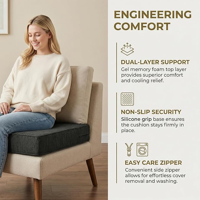 baibu Extra Large Dual-Layer Gel Memory Foam Recliner Cushions for Elderly, 20x20x5 Inch Thick Non-Slip Recliner Seat Cushion Suitable for Couch for Easy to Stand Up & Reduce Hip & Lumbar Pain, Black