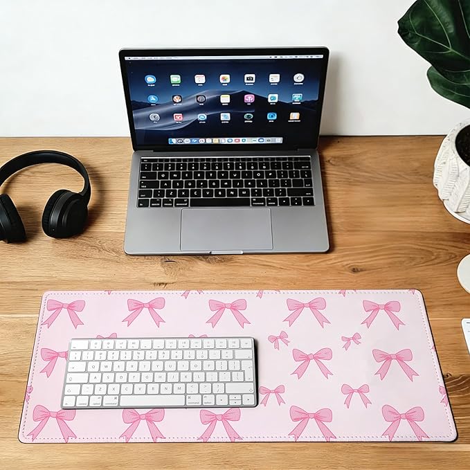 Large Gaming Mouse Pad Pink Bow Desk Mat,Non-Slip Rubber Base Stitched Edges,Extended Mousepad for PC,Laptop,Office,Home Decor(31.5 x 11.8 Inch)