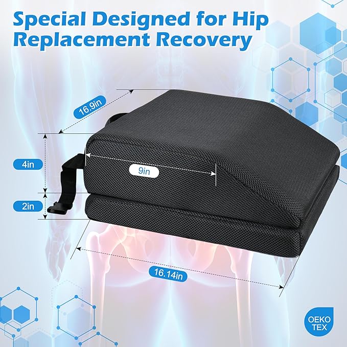 Memory Foam Hip Replacement Recovery Aids Seat Cushion, Adjustable Height Hip Replacement Must Haves Chair Cushion with Non Slip Backing, Extra Thick (Dark Grey, 2 Layer (16.5 x16 x 6 in))