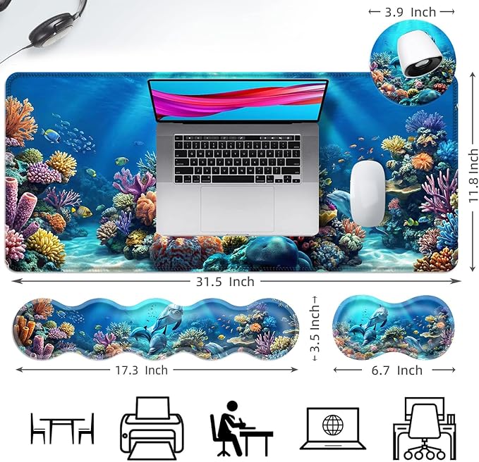 Ergonomic Mouse Pad Set with Wrist Support for Keyboard and Wrist Rest for Mouse, Memory Foam Comfort, Non-Slip Large Desk Mat for Home Office Pain Relief,Dolphin Blue Sea Floor