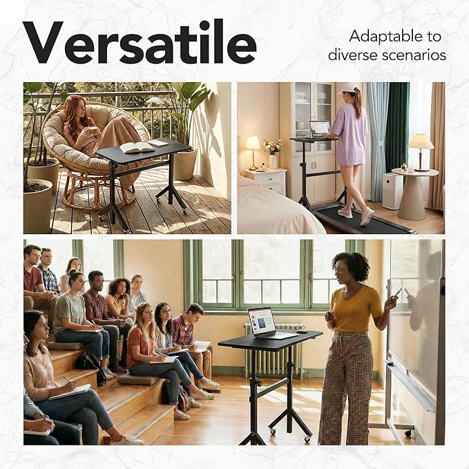 HUANUO 32'' Small Standing Desk Adjustable Heigh, Mobile Stand Up Desk with Wheels, Portable Rolling Desks for Walking Pad and Treadmill, Computer Laptop Desks for Home Office Space,Black