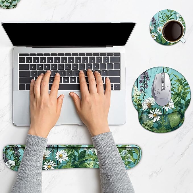 Keyboard Wrist Rest, Ergonomic Mouse Pad Wrist Support, Memory Foam Wrist Rest, Anti-Slip Base, Mousepad with Coaster for Computer Keyboard Office Home, Green Plant Flowers