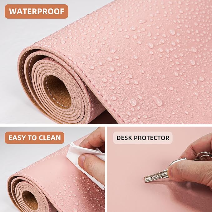 AFIING Cork Desk Mat 47" x 17", Dual-Sided Natural Cork & PU Leather Desk Pad, Non-Slip Waterproof Large Mouse Pad for Office, Home & Gaming (Pink)
