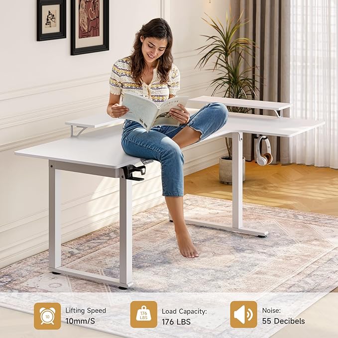 L Shaped Electric Standing Desk, 71x43'' Computer Desks with 2 Monitor Shelves, Dual Motor and Memory Controller, Gaming Corner Desk Adjustable Height from 28-46'' for Home Office Workstation, White