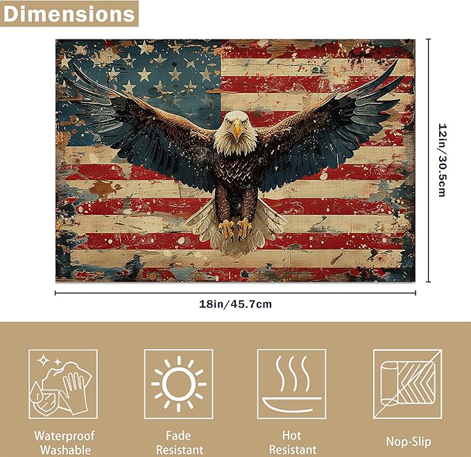 Retro American Flag Eagle Table Placemats Set of 6, Linen Placemats 12x18 Inch, Washable Non Slip Heat Resistant Mats for Dining Table Kitchen Indoor Use