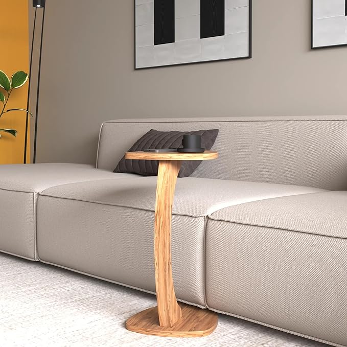 C Shaped Triangular Top Design Table for Couch Small Places, Space Saver Sheild Shape Side Table for Sofa and Bedside with Wheels, Coffee and Eating Snack Time Tray for Living Room, Office (Natural)