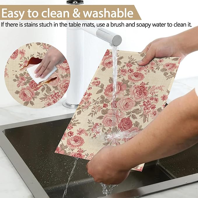 Floral Pink Flowers and Leaves Table Placemats Set of 6, Linen Placemats 12x18 Inch, Washable Non Slip Heat Resistant Mats for Dining Table Kitchen Indoor Use