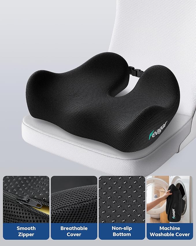Feagar Seat Cushion for Office Chair - Memory Foam Tailbone Cushion for Desk Chair, Car Seat and Wheelchair - Ergonomic Chair Pad for Hip and Lower Back Comfort
