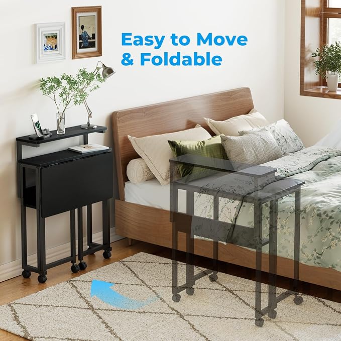 GreenForest Folding Desk with Adjustable Monitor Stand and Storage Shelf, 24.8in Rolling Table with Wheels, Mobile Small Desk for Small Spaces, Home Office, Black