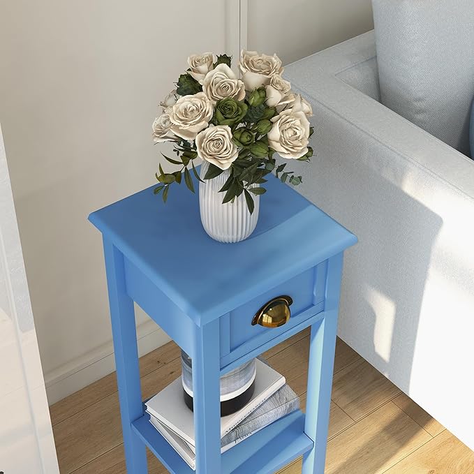 HOMCOM Narrow End Table with Drawer and Bottom Shelf, Slim Side Table for Small Spaces, Skinny Modern Space-Saving Accent Desk for Living Room, Set of 1, Light Blue