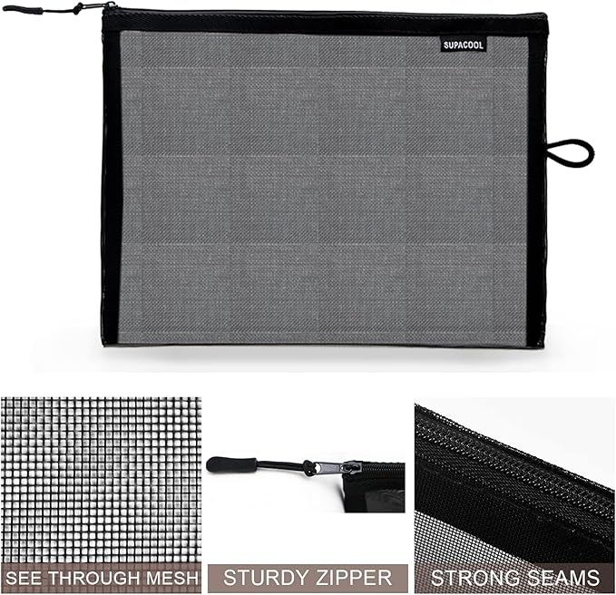 SUPACOOL Set of 8 Travel Mesh Makeup Bag, Cosmetic Organizer Pouches with Zipper, Diaper Organizing Pouches, Nylon Toiletries Bag for Women and Men(8pcs, Black)