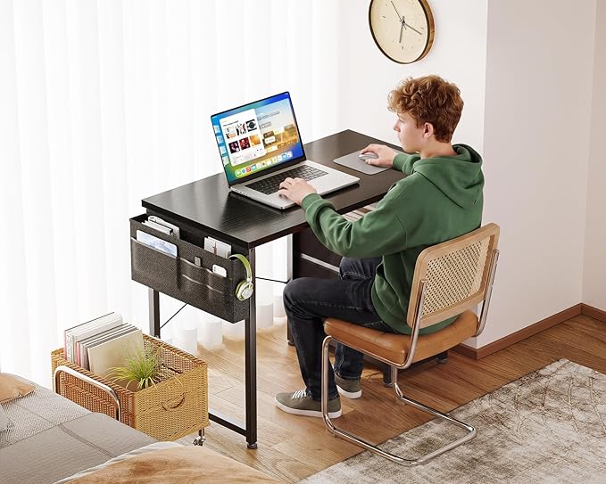 AODK 32 Inch Small Computer Desk with Fabric Drawers, Kids Study Desk for Bedroom, Home Office Desk with Storage Shelf & Bag for Small Space, Black