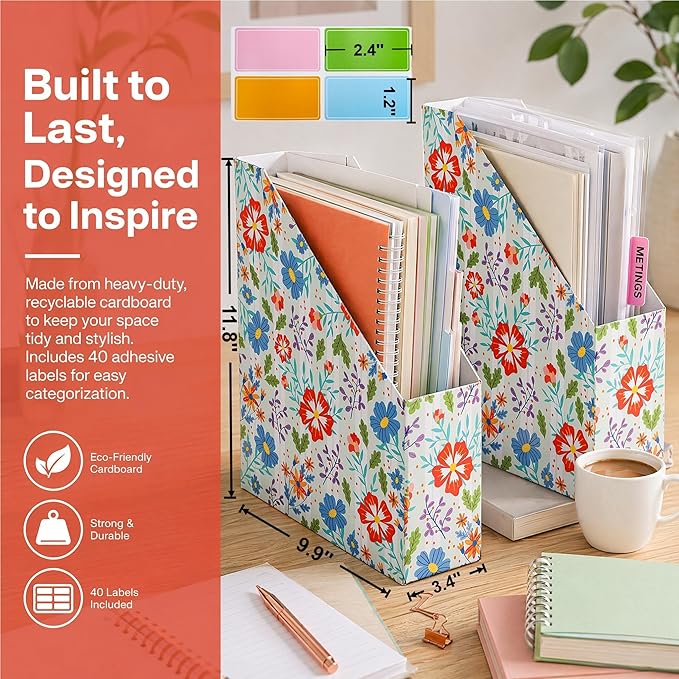 WRINGKIT 20 Pack Cardboard Magazine File Holder, Foldable Magazine Organizer Box, Large Vertical Magazines Storage Bin with Blank Label Sticker for School Office Shelves, File Folders for Documents